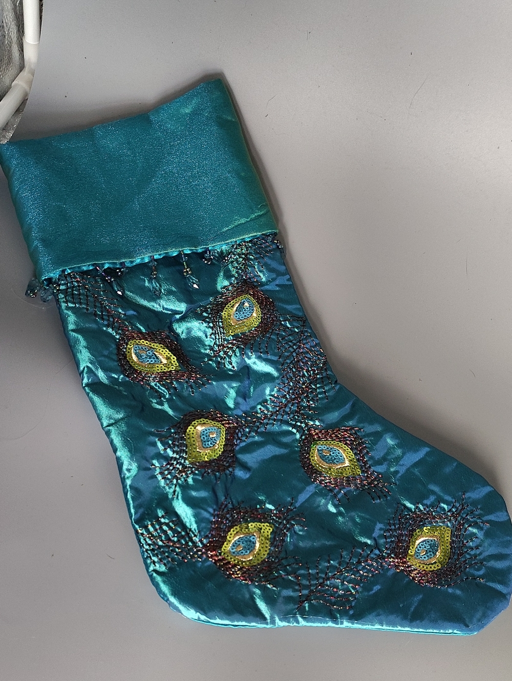 Teal Peacock-Embroidered Holiday Stocking